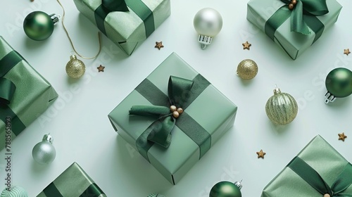 A festive green gift box surrounded by Christmas ornaments. Perfect for holiday season designs