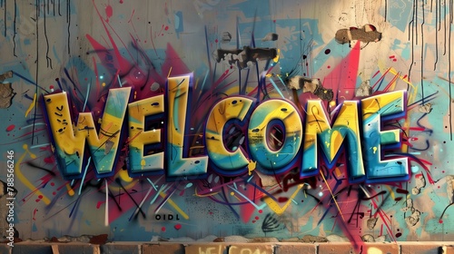 WELCOME in colorful spray stain word art in grafity style