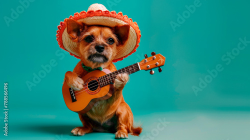 cute little red terrier dog with a ukulele guitar in a sombrero hat on a blue background with copy space Celebrations Cinco De Mayo holiday Funny pets