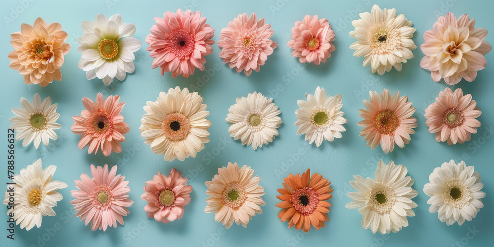 Serene Array of Pastel Gerbera Daisies on Blue Background Serene Array of Pastel Gerbera Daisies on Blue Background