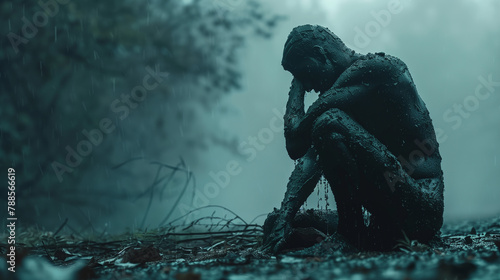 A figure sitting alone, overcome with sorrow and a sense of depression