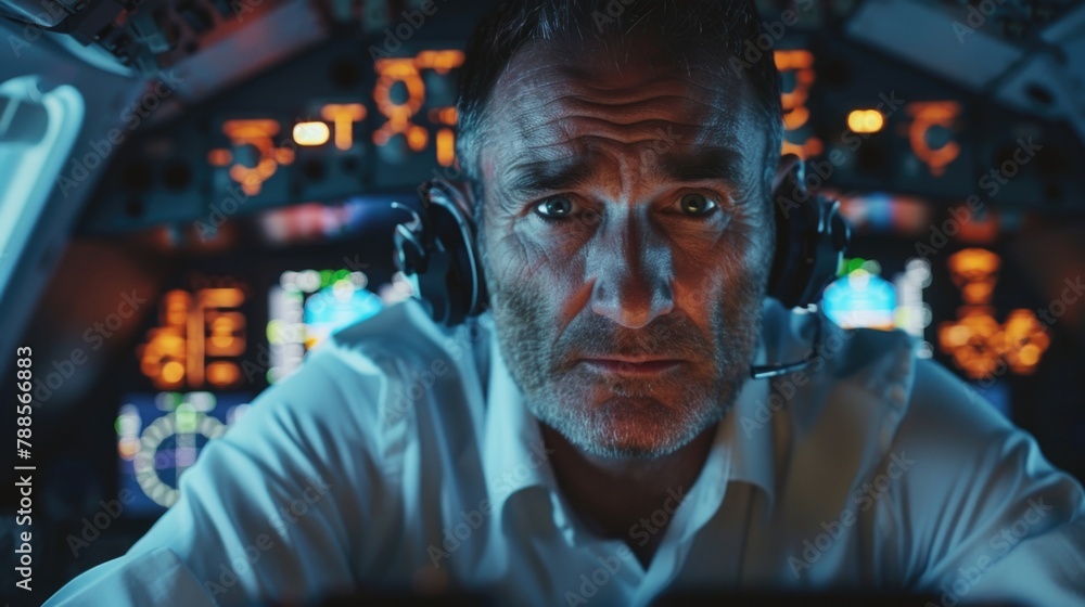 A man wearing headphones in a cockpit. Perfect for aviation industry promotions A man wearing headphones in a cockpit. Perfect for aviation industry promotions