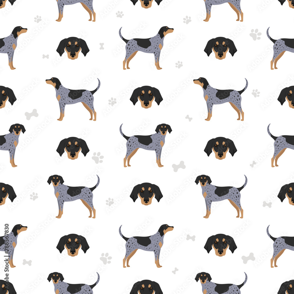 Bluetick coonhound seamless pattern. Different coat colors and poses set