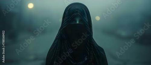 Veiled Enigma in Mist. Concept Mysterious Portrait, Foggy Atmosphere, Hidden Identity, Veiled Mystery