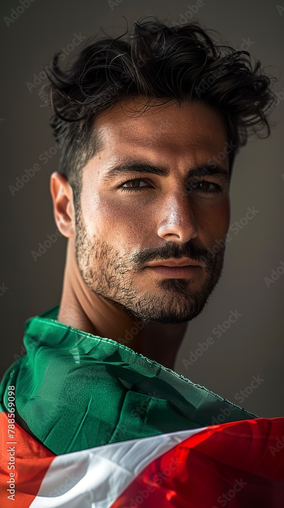 Obraz premium A portrait of a handsome Italian man highlighted by the vibrant colors of the Italian flag. Naturally beautiful Italian man with a feeling of national pride.