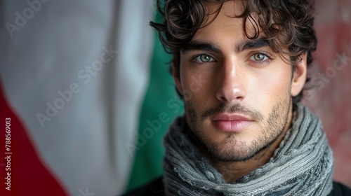A portrait of a handsome Italian man highlighted by the vibrant colors of the Italian flag. Naturally beautiful Italian man with a feeling of national pride.