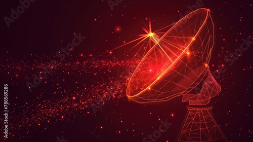 Antenna satellite dish parabolic space radar from futuristic polygonal red lines and glowing stars for banner, poster, greeting card. AI generated photo