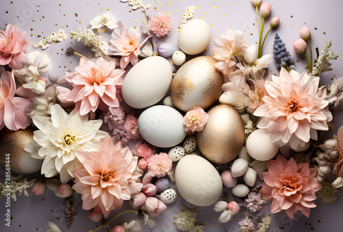 Happy Easter  Colorful Easter chocolate eggs with flower blossoms flat lay on gray background. Stylish tender spring template with space for text. Greeting card or banner. Decorated Egg