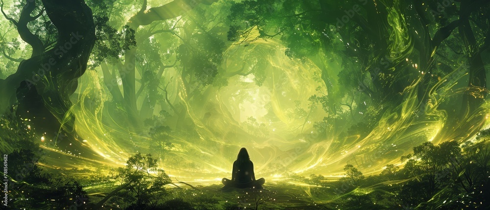 Ethereal meditation, forest setting, swirling energy Ethereal meditation, forest setting, swirling energy