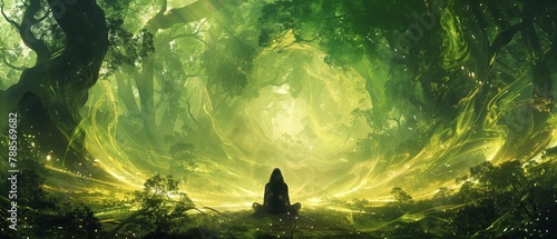 Ethereal meditation, forest setting, swirling energy