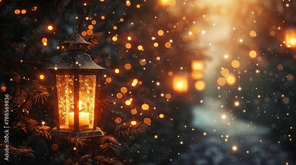 Enchanted lantern glow, sparkling holiday evening Enchanted lantern glow, sparkling holiday evening