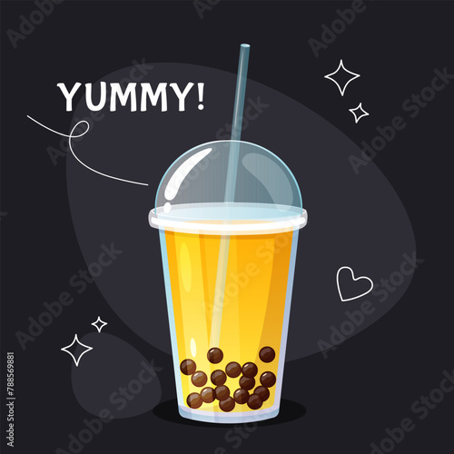 Cold mango bubble tea in takeaway plastic cup with lid, straw and hand drawn doodles for menu,cafe, flyer,banner.	
