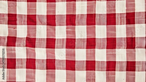 Close-Up View of Red and White Checkered Tablecloth Texture with Detailed Weave Patterns