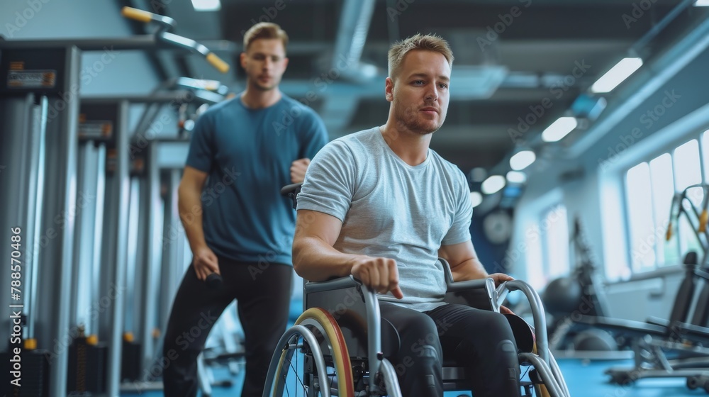 Young disabled man in wheelchair exercises workout in fitness gym with trainer. Young disabled man in wheelchair exercises workout in fitness gym with trainer.