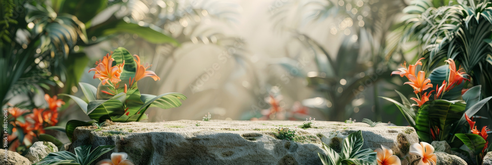 empty stone podium with tropical plants and rocks on green jungle leaves background for a product presentation mock up,.empty Stone podium scene summer background
empty stone podium with tropical plants and rocks on green jungle leaves background for a product presentation mock up,.empty Stone podium scene summer background