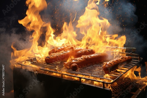 Fiery Sausage bbq fire. Cooking pork. Generate ai