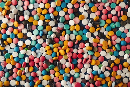 Multicolored pills arranged on a black background. Suitable for medical or pharmaceutical concepts