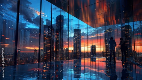 Dynamic business discussion, urban skyline, dusk lighting