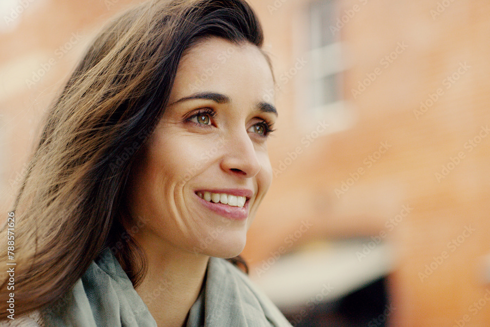 Fototapeta premium Travel, smile and happy business woman in city for walking, journey or morning commute to work. Professional, closeup and female person for corporate consultant, employee or office worker in Berlin