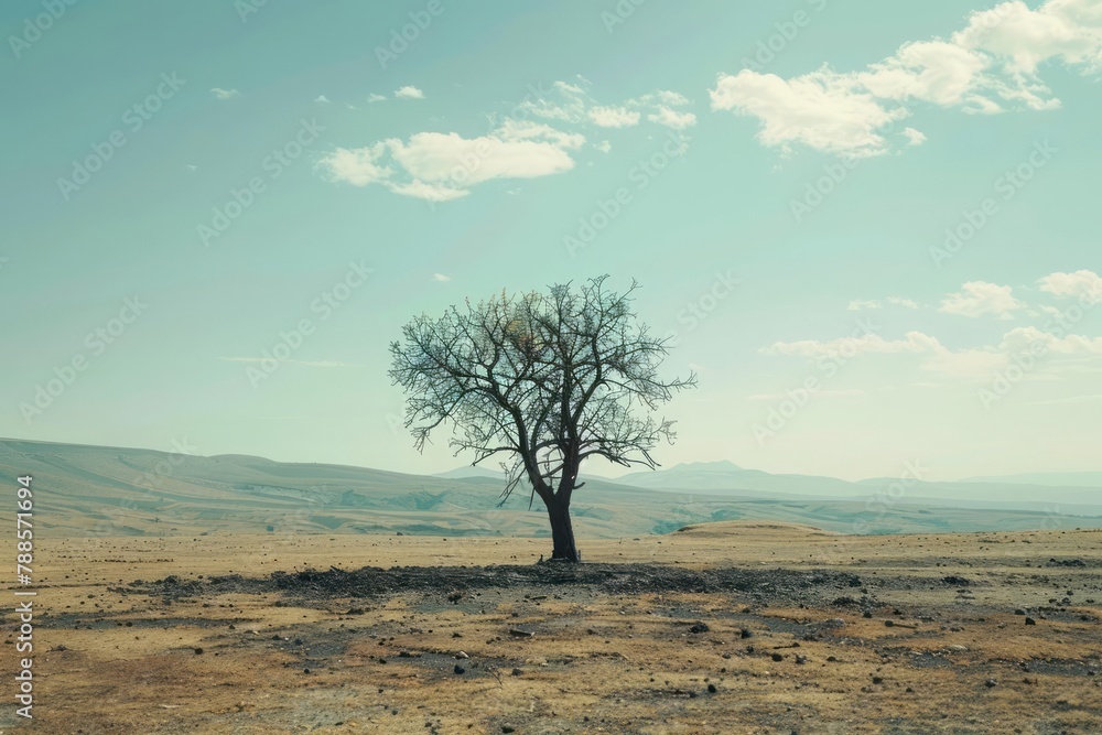 Barren landscape with a single wilted tree, climate change anxiety, desolation