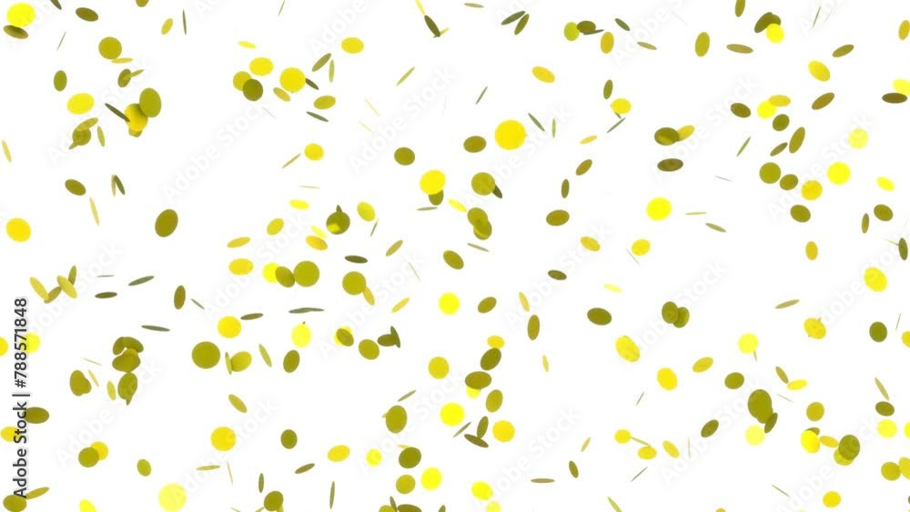Animation of Circular golden particles falling over the white background. Rendered animation.