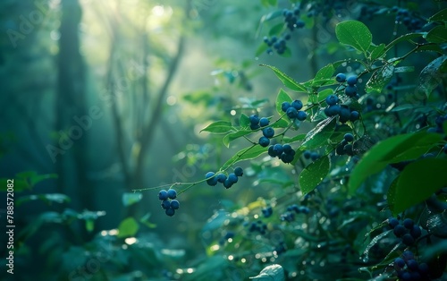 A tranquil scene capturing blueberries on a bush, bathed in the soft, hazy light of a mist-filled forest at dawn.