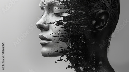 Close-up of a digitalized human face profile, morphing into data particles on a gray background.