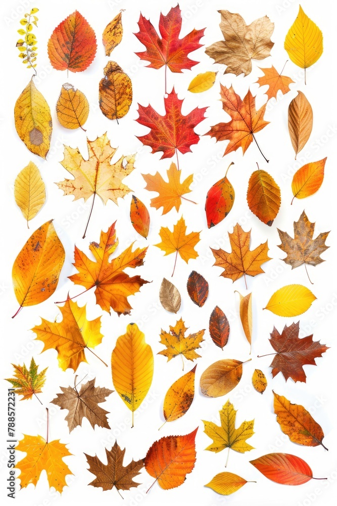 Fototapeta premium Vibrant leaves in various hues on a clean white surface. Perfect for seasonal designs