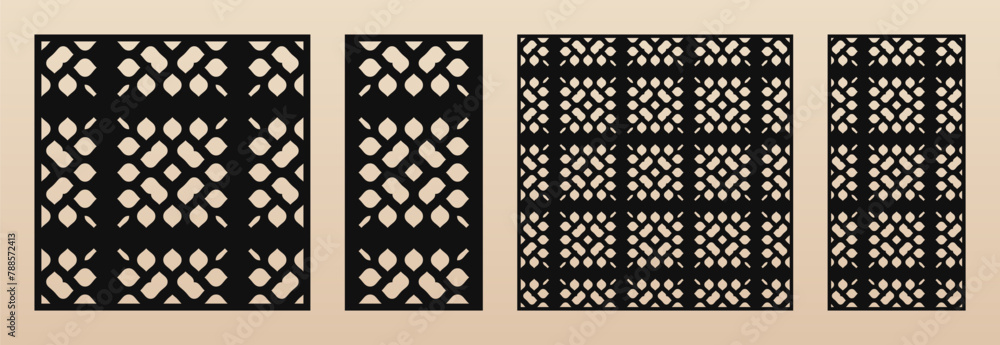 Laser cut pattern set. Vector design with elegant geometric texture, abstract floral grid, leaves mesh. Islamic style ornament. Template for cnc cutting panels of wood, metal. Aspect ratio 1:2, 1:1