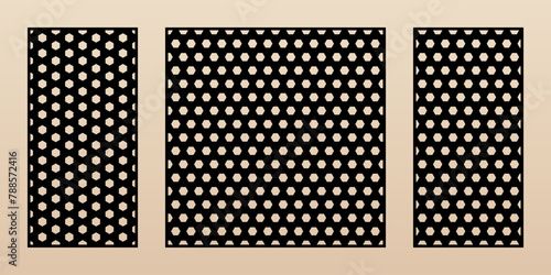 Laser cut pattern set. Vector template with abstract geometric texture, perforated hexagonal grid, mesh. Decorative stencil for CNC cut, laser cutting of wood, metal, paper. Aspect ratio 1:2, 1:1 © Olgastocker
