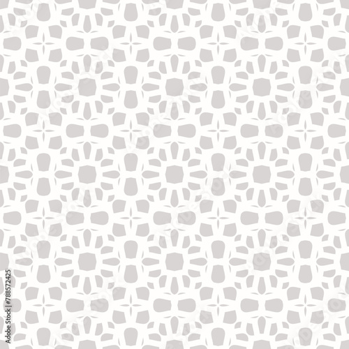 Vector abstract mosaic seamless pattern. Gray and white ornamental texture, Oriental style. Subtle elegant background. Geometric ornament with floral grid, lattice. Repeating decorative geo design