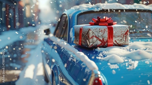 A present wrapped in red ribbon placed on top of a blue car. Perfect for holiday and gift concepts
