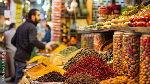 A bustling spice market with a variety of spices, nuts, and other dried goods. The market is full of color and activity. photo