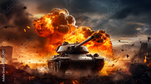 war heavy vehicle fire defense mission smoke military. Battle tanks with a city on fire  photo