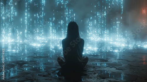 Person meditating amidst glowing digital rain in a dark, futuristic setting.
