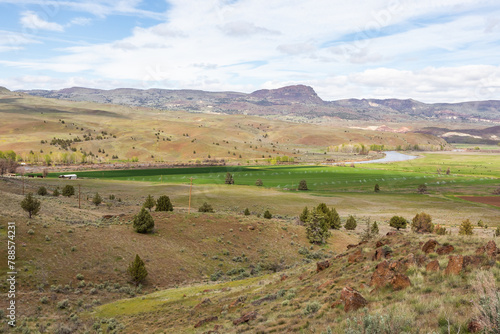 Panorama view of John Day River valley in rural environment. Central Oregon