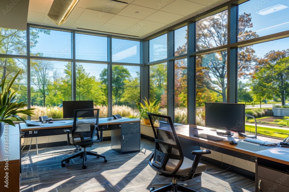 Abundant natural light through large windows enhances well-being and energy levels in the office. 