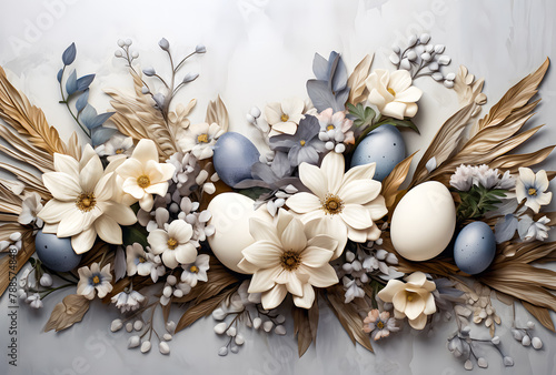 Happy Easter! Colorful Easter chocolate eggs with flower blossoms flat lay on gray background. Stylish tender spring template with space for text. Greeting card or banner. Decorated Egg