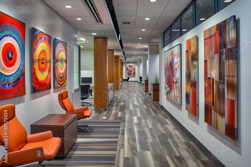 Artwork and local cultural elements showcase diversity and inspire creativity in the American office setting. 
