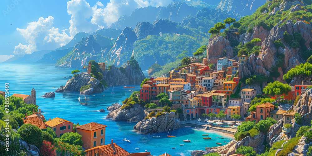 Fototapeta premium panorama small town with blue waters and surrounded by lush greenery,