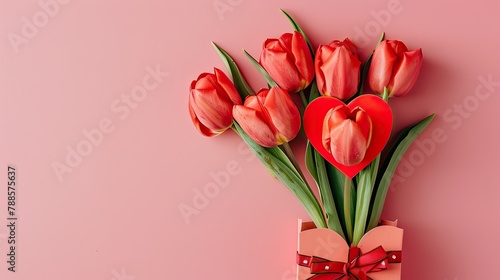 A top down view showcases vibrant red tulips paired with a heart shaped gift box set against a soft pastel pink backdrop perfect for occasions like Mother s Day Valentine s Day birthdays or