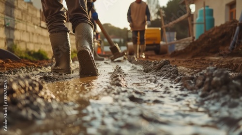 Workers in rubber boots walking through muddy construction site with machinery and building materials in the background.