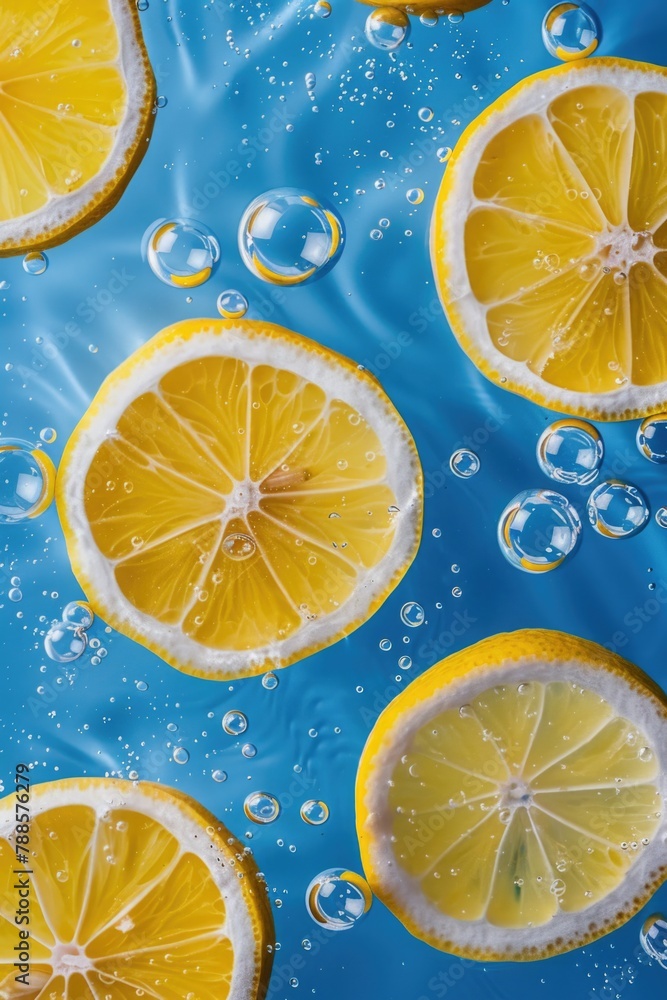 Fresh lemon slices floating in water, perfect for food and beverage concepts Fresh lemon slices floating in water, perfect for food and beverage concepts