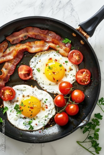 Freshly cooked fried eggs and tomatoes in a frying pan. Great for food and cooking concepts