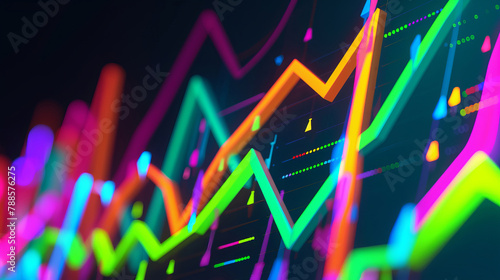 Statistics, graphs and neon chart for growth in stock exchange for economy, investment or data analytics. trading, finance and business report for profit revenue as crypto review, target or sales