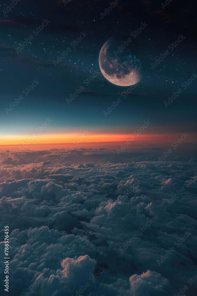 A serene view of the moon and clouds from above. Perfect for travel and nature themes A serene view of the moon and clouds from above. Perfect for travel and nature themes