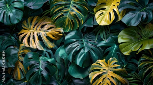 Dense foliage of dark green monstera leaves with a few leaves displaying yellow variegation, creating a rich botanical texture. photo