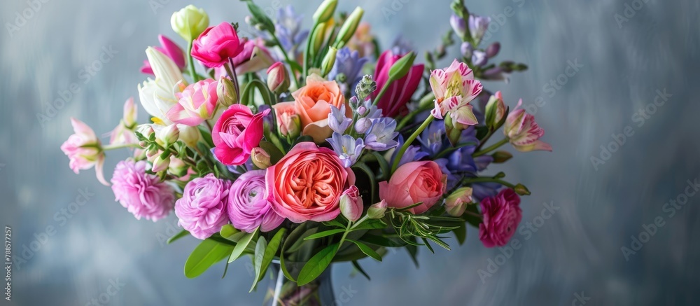 Lovely blooming spring flowers arranged in a vase.