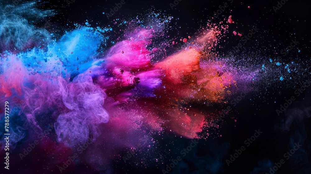 A vibrant explosion of colored powder against a dark background, creating a dynamic and abstract swirl of blue, pink, and purple hues.