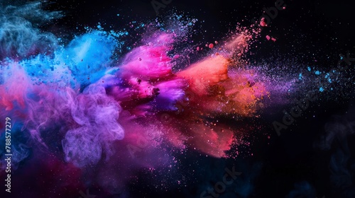 A vibrant explosion of colored powder against a dark background, creating a dynamic and abstract swirl of blue, pink, and purple hues.